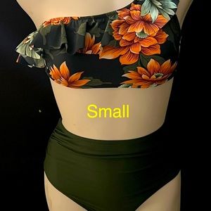 Dark Green Floral One Shoulder Ruffle High Waisted Bikini